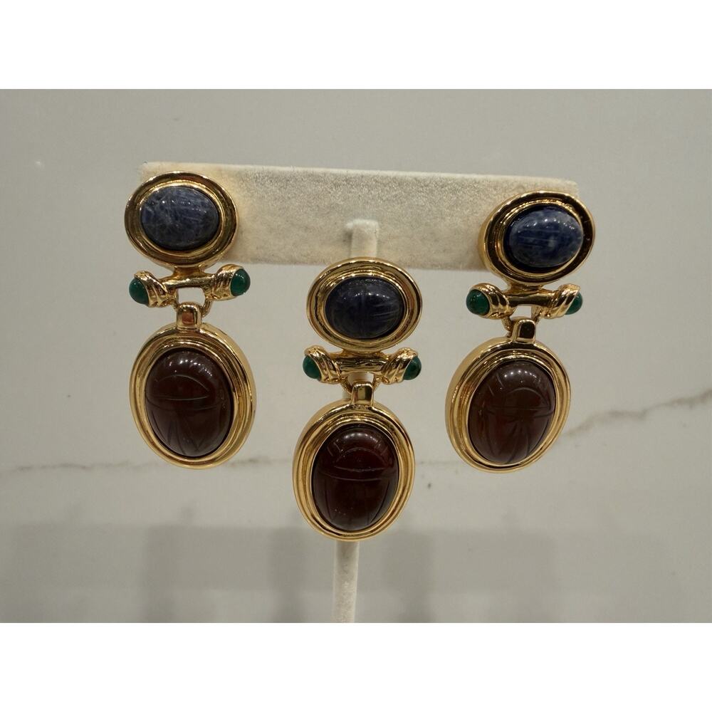 Vintage 80s Unsigned Givenchy Style Egyptian Revival Scarab Earrings Pendant Set
